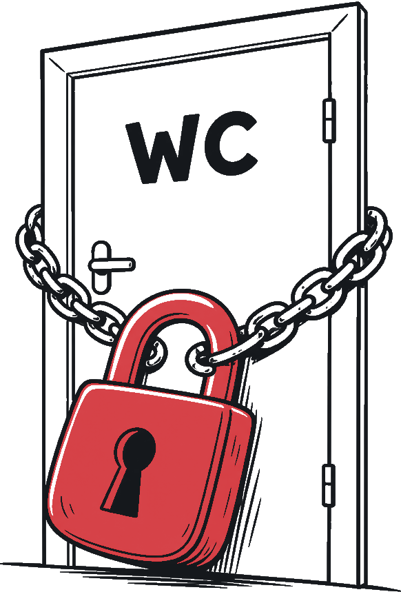 Zeichnung: eine WC-Tür, mit Kette und Vorhängeschloss verschlossen.