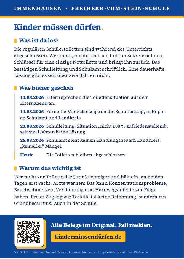 Rückseite des Flyers: Was ist da los, was bisher geschah mit Datumsleiste, warum das wichtig ist, QR-Code.