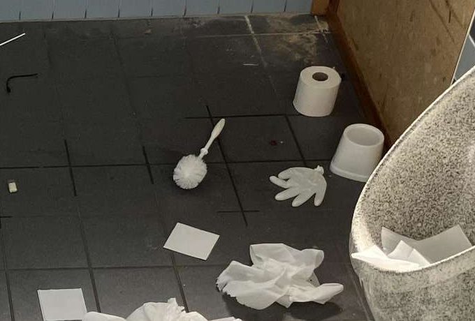 Ausschnitt: saubere Toilettenbürste, Bürstenhalter, volle Toilettenpapierrolle und Einmalhandschuh auf dem Boden.